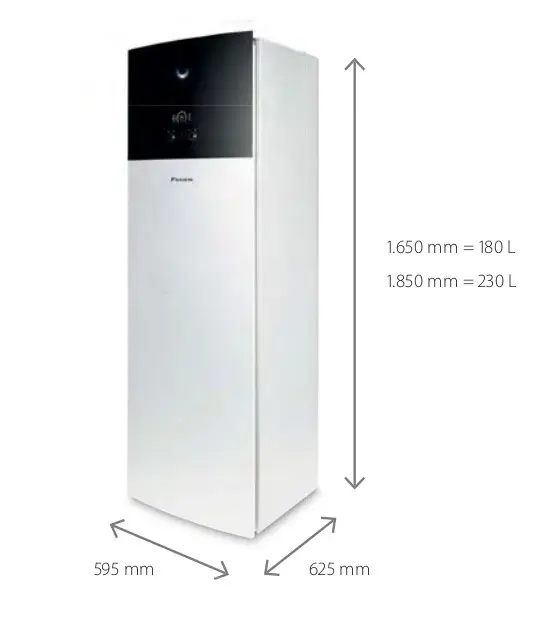 Vertikales Standgerät von Daikin mit einem schwarzen oberen Bereich und weißen Seitenteilen, Maße und Kapazität nicht angegeben, durch einfache Bedienoberfläche gekennzeichnet.